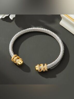 Gold & Silver Twisted Cable Open Bangle Bracelet